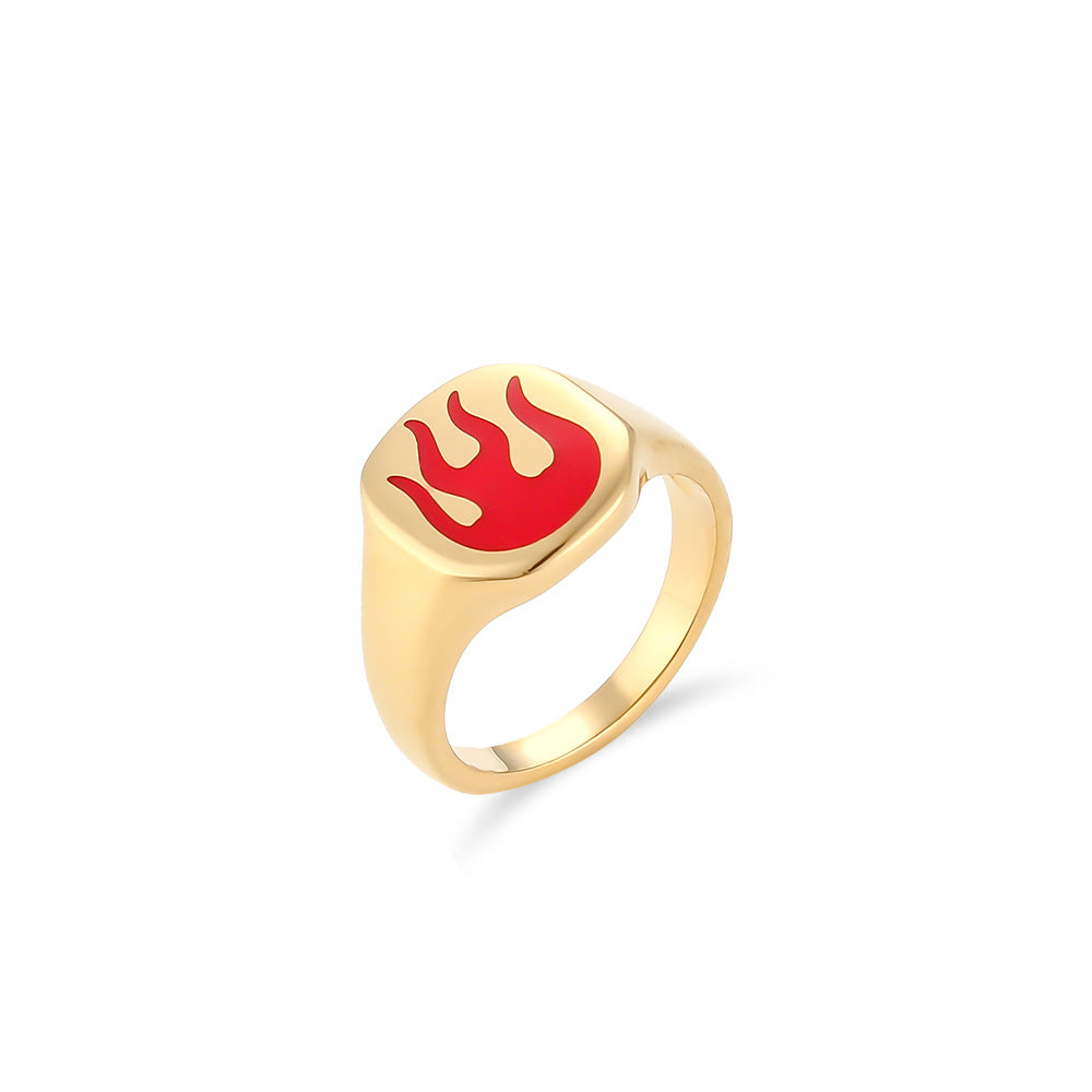 Anillo de mujer con diseño geométrico de llamas de inspiración vintage, hecho de acero inoxidable con baño de oro de 18K y detalles de esmalte