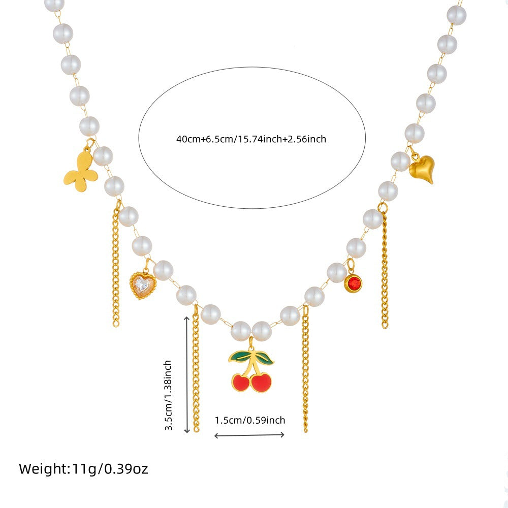 Sweet Heart Butterfly Drip Oil Stainless Steel Ball Chain Necklace with Cherry Pendant