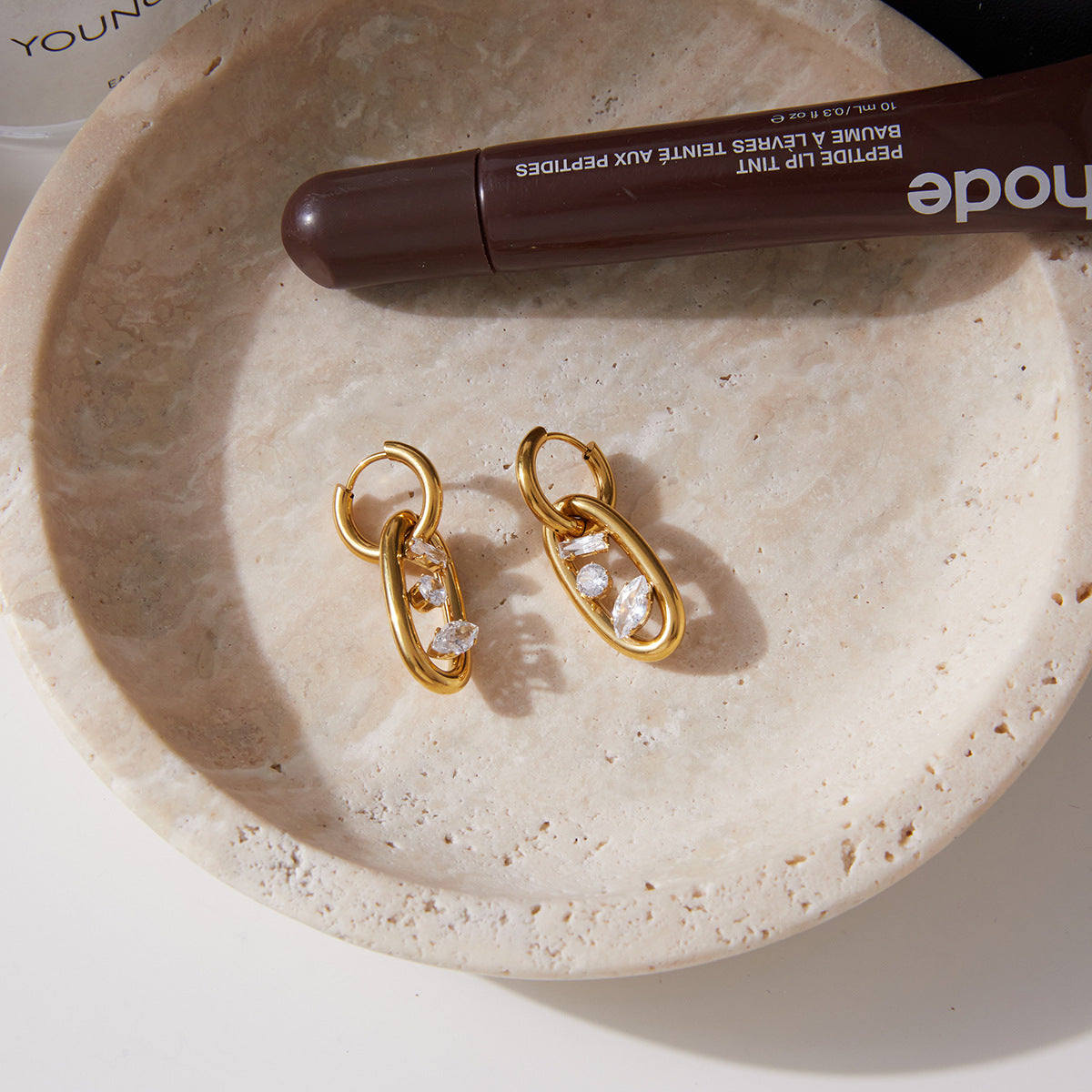 Orecchini geometrici in acciaio inossidabile placcati oro 18K con zirconi per donna, Lusso e moda per tutti i giorni