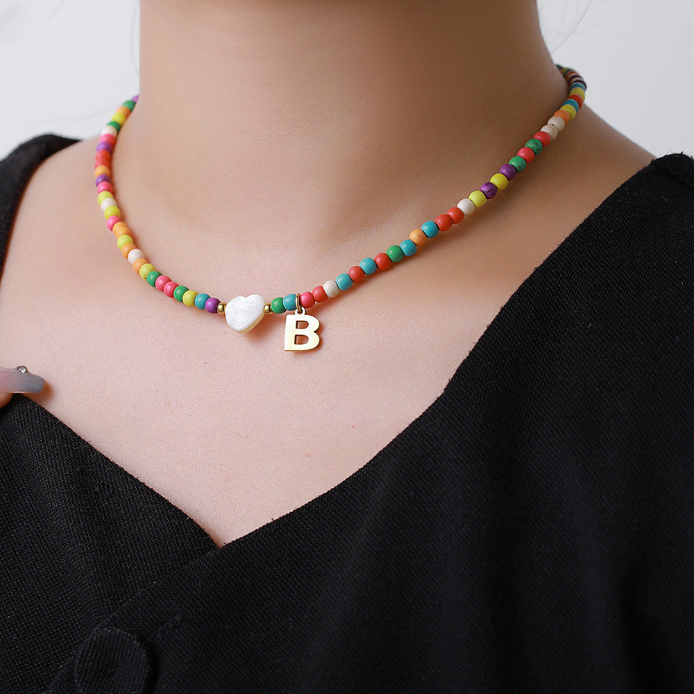 Fashion Stainless Steel Letter Heart Turquoise Charm Bar Necklace Cable Chain Unisex