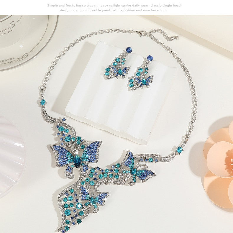 Sweet Elegant Butterfly Rhinestone Alloy Plated Necklace and Earring Set with Cable Chain for Women