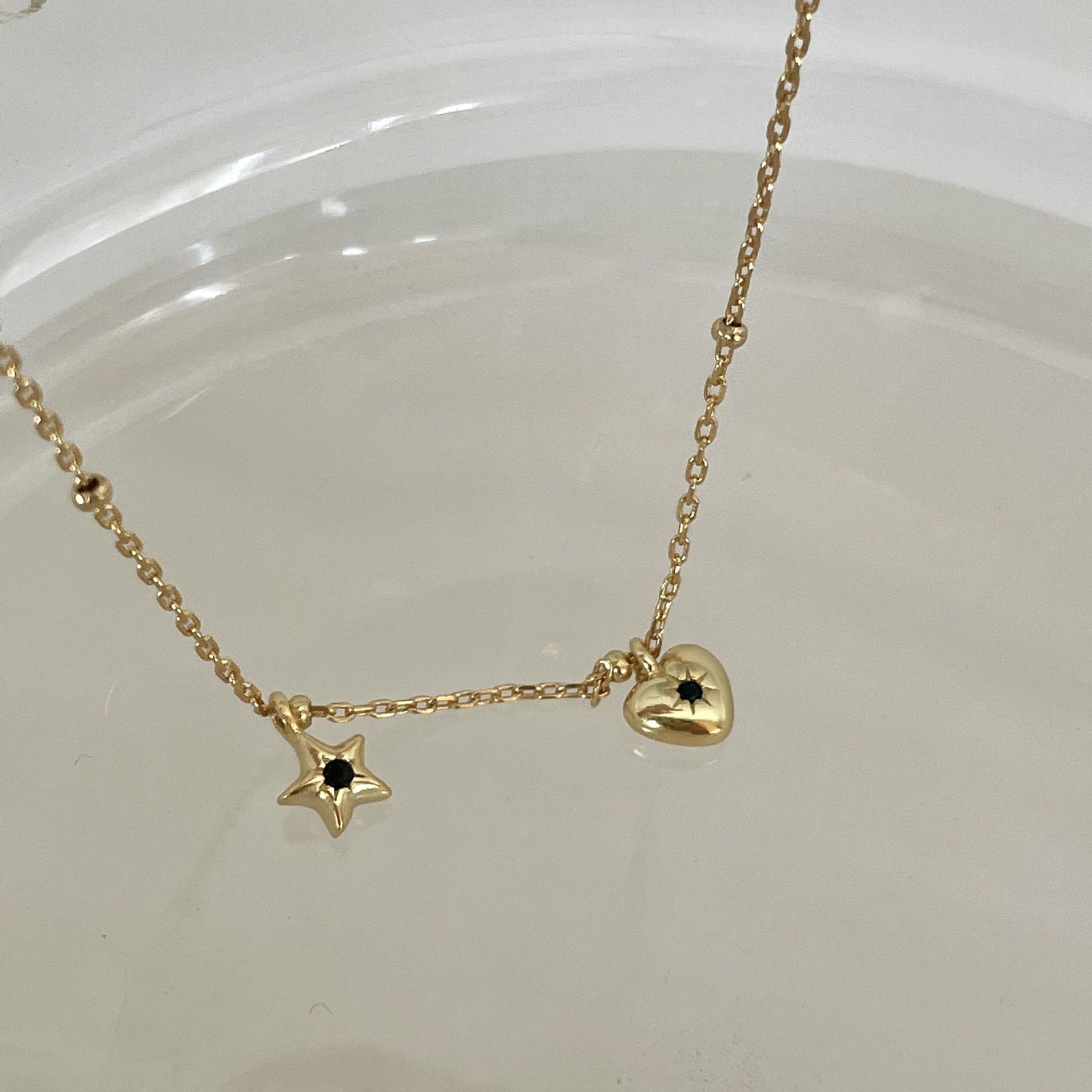 Minimalist Star and Heart Pendant Necklace in 925 Sterling Silver with Beaded Accent on Box Chain