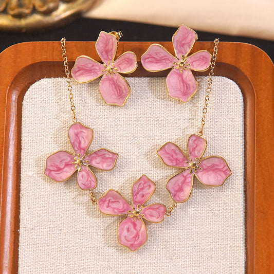 Elegant Business Floral Drip Oil Stainless Steel Necklace and Earring Set for Women