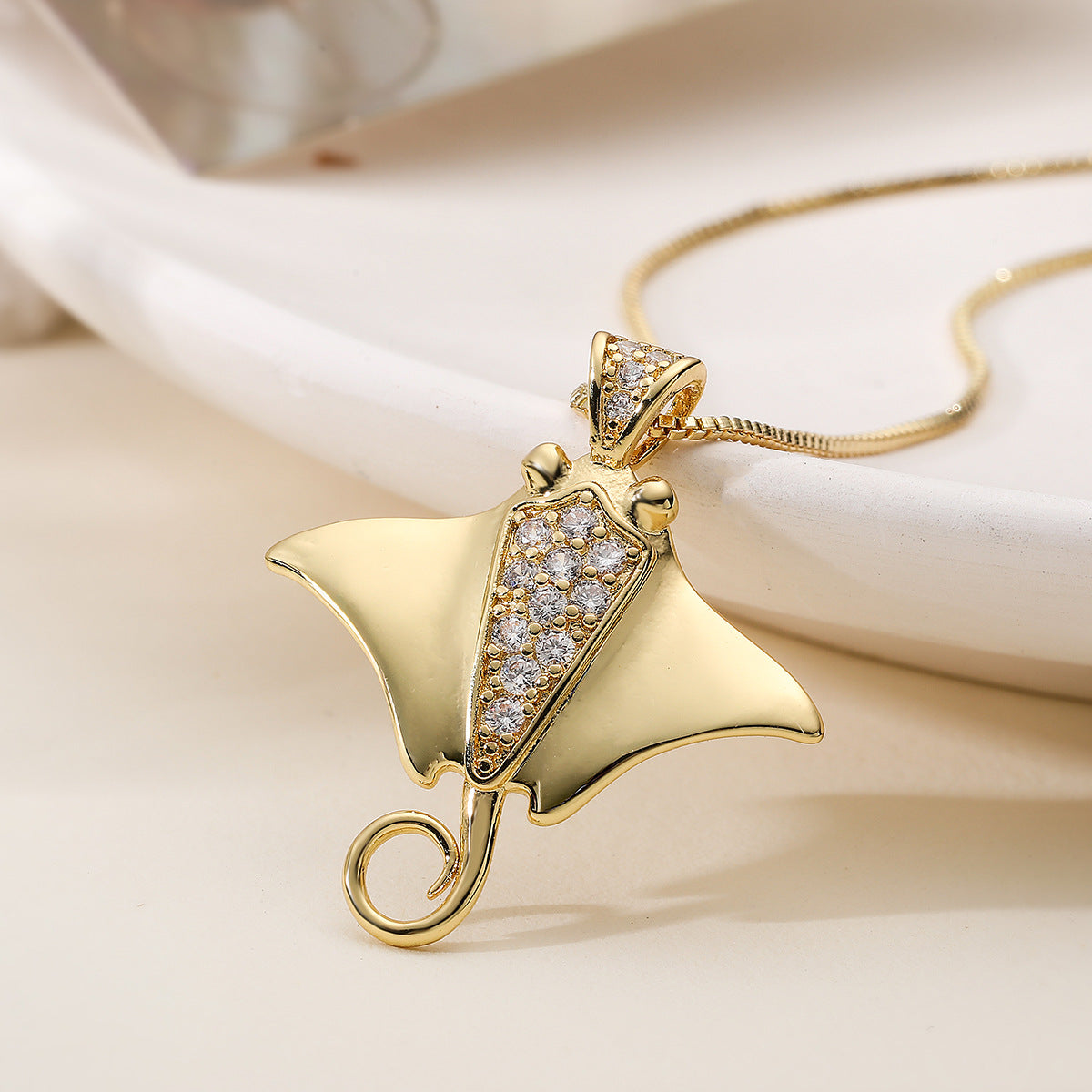 Minimalist Gold Plated Brass Cubic Zirconia Turtle Pendant Necklace for Women