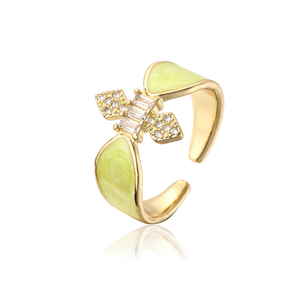 INS Style Geometric Open Ring for Women Made of Copper with 18K Gold Plating Micro-Pave Zirconia and Enamel Finish