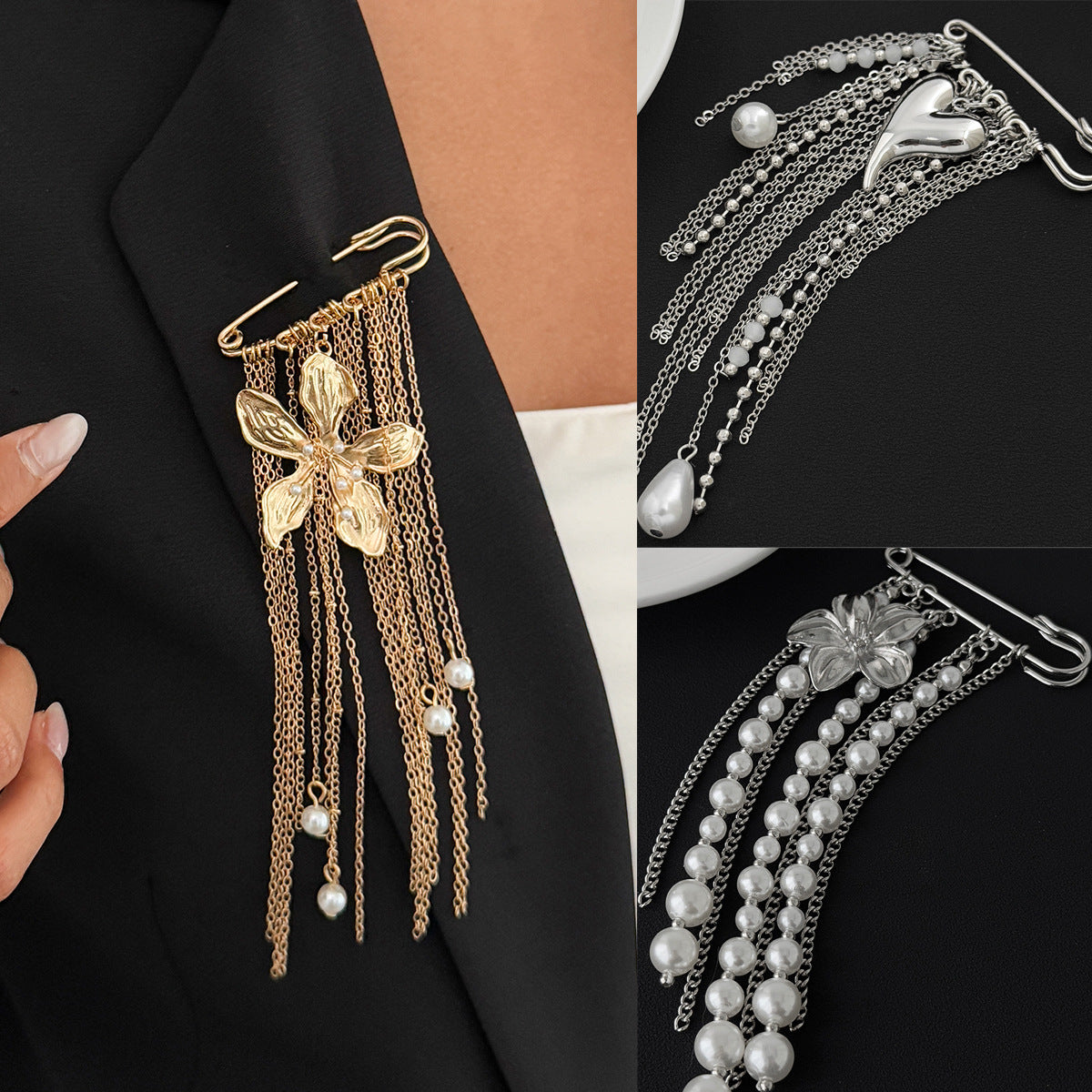 Sweet Casual Floral Plated Pearl Brooch with Tassel Chain for Women