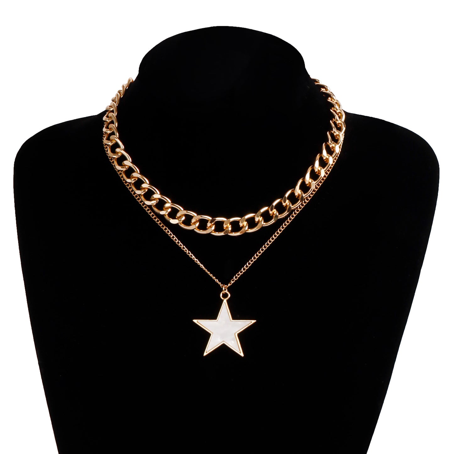Minimalist Two-Tier White Five-Pointed Star Pendant Necklace with Electroplated Metal Chain for Women