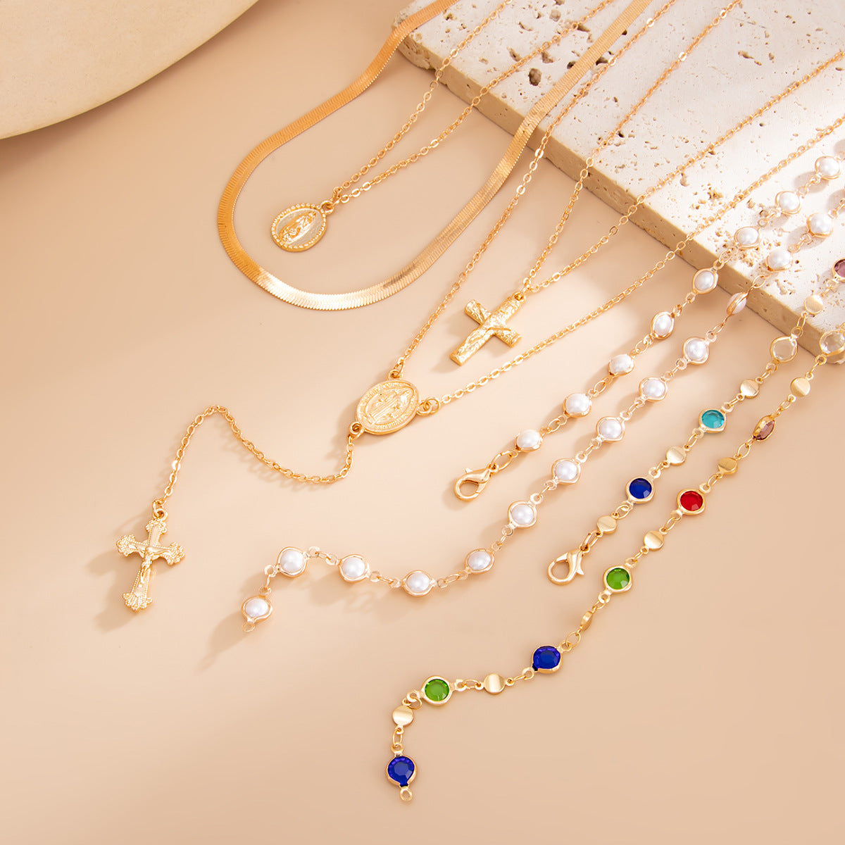 Minimalist Punk Rhinestone Inlaid Cross Pendant Zinc Alloy Plated Brass Multi-layer Necklace for Women