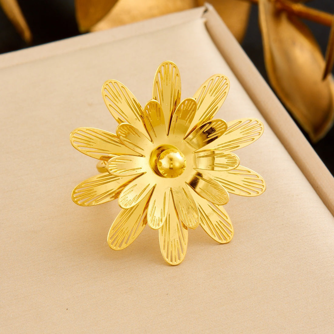 Gold Plated Stainless Steel Hollow Layered Flower Butterfly Ring for Women