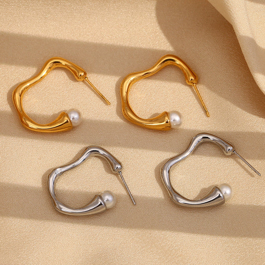 Orecchini da donna minimalisti e geometrici a C con perle, in acciaio inossidabile placcato oro 18K