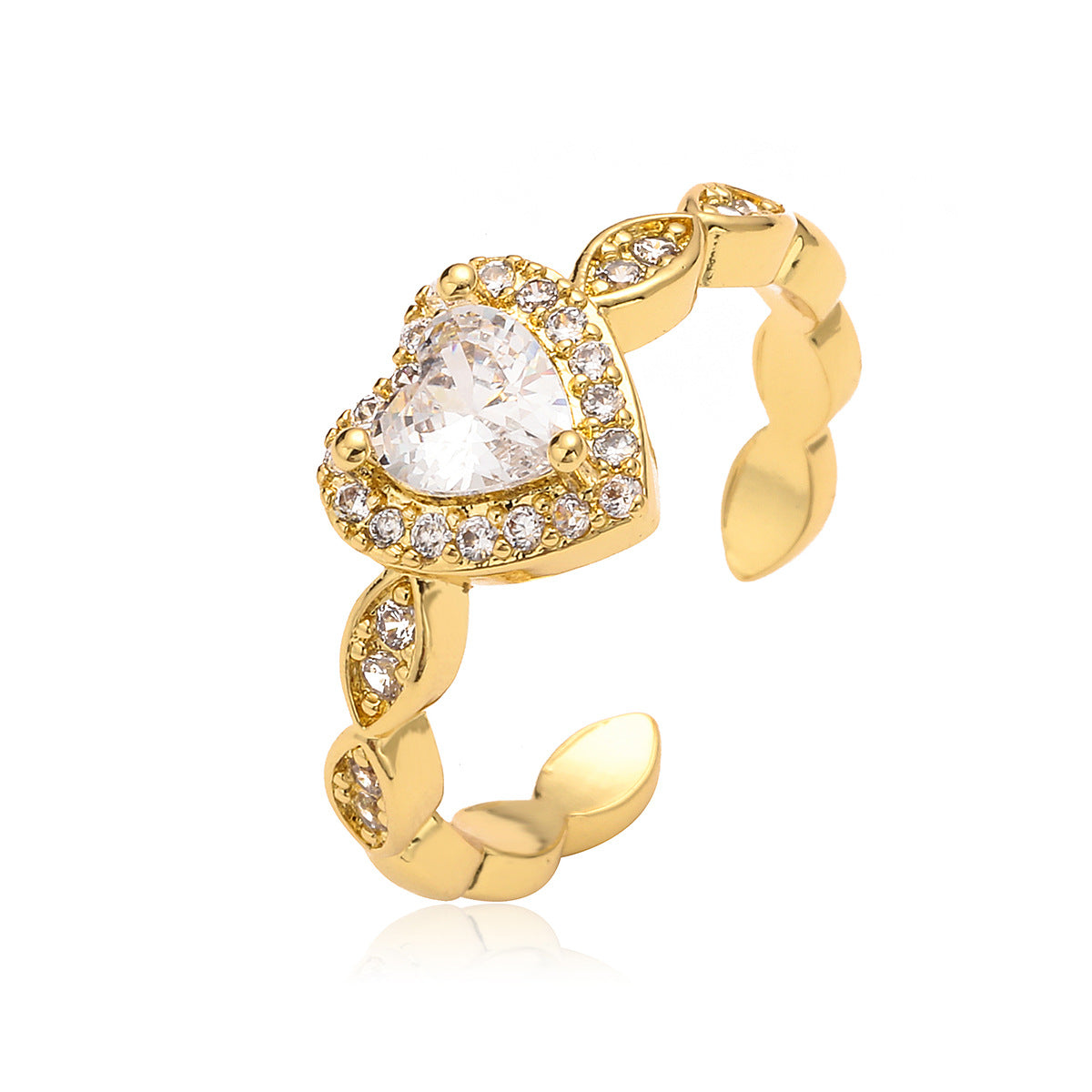 Anello da donna minimalista a forma di cuore geometrico in rame placcato oro vero con intarsi in zircone