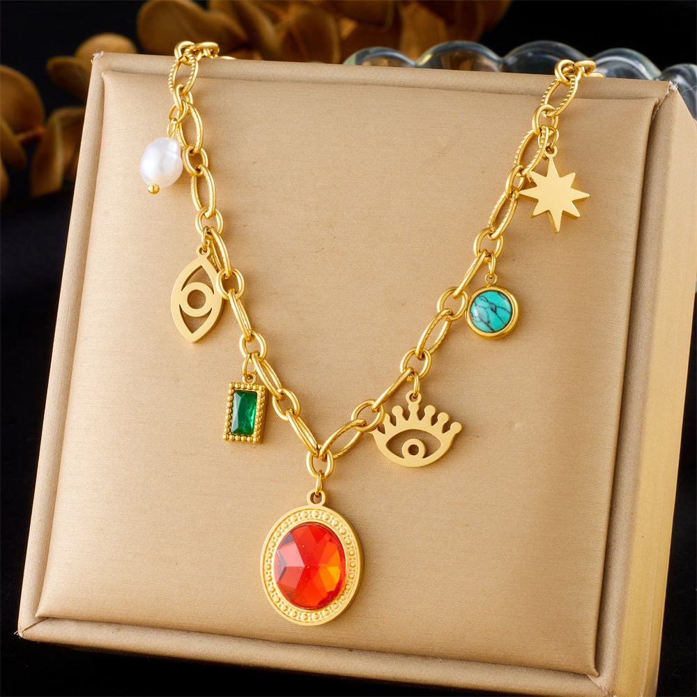 French Vintage Heart Floral Pearl Gemstone Plated Stainless Steel Curb Chain Necklace for Women