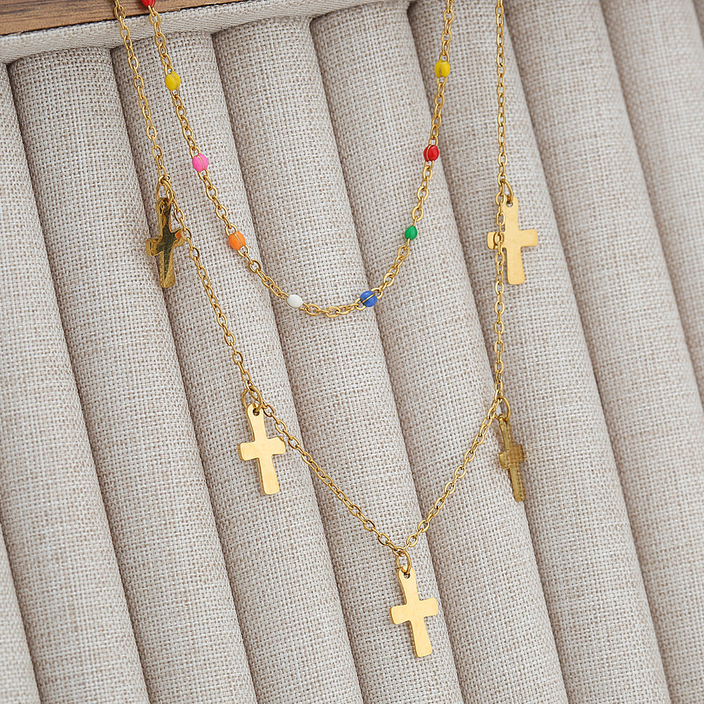 Collana Pendente a Croce Stile Principessa per Donna, Acciaio Inossidabile, Doppia Strato, Acciaio al Titanio, Catena Clavicola con Perline Colorate e Finitura Elettroplaccata