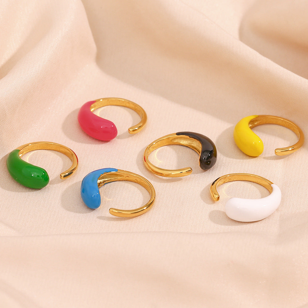Minimalist Geometric Stainless Steel Adjustable Drip-Painted Drop-Shaped Ring for Women