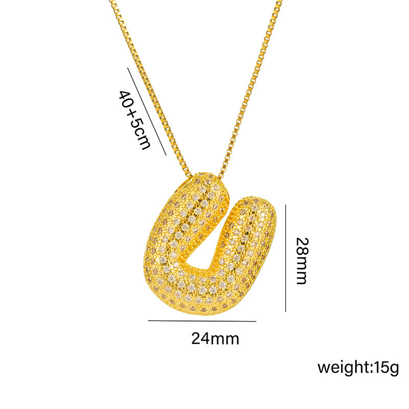 Collana da donna in acciaio al titanio a forma di lettera alla moda con intarsio in strass, design a catena a scatola