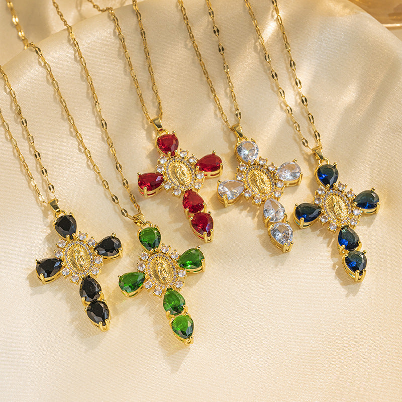 Chic Geometric Cross Pendant Necklace for Women Titanium Steel with Micro-Pave Zirconia Locket Chain