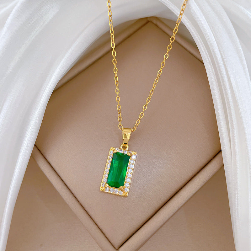 Sweet Minimalist Green Square Geometric Rhinestone Pendant Titanium Steel Necklace for Unisex