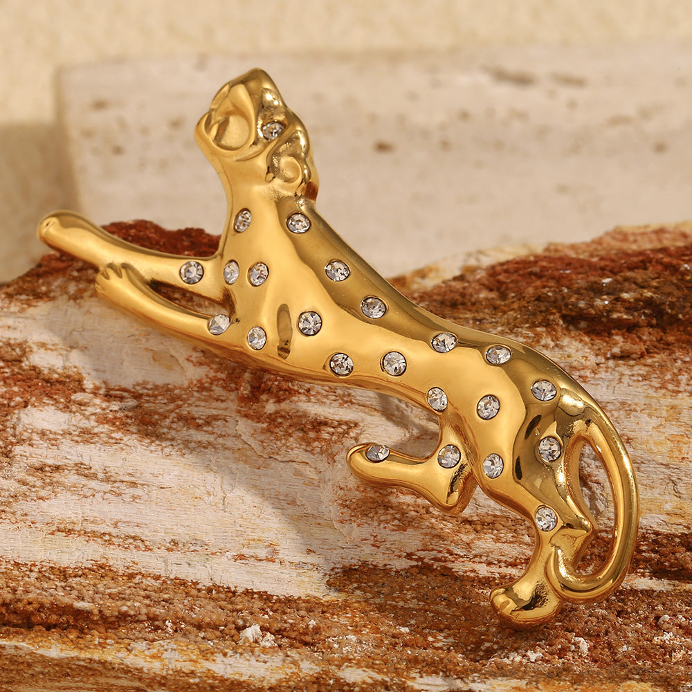 Spilla Minimalista a Leopardo da Donna in Acciaio Inossidabile con Placcatura in Oro 18K e Intarsio Completo di Strass