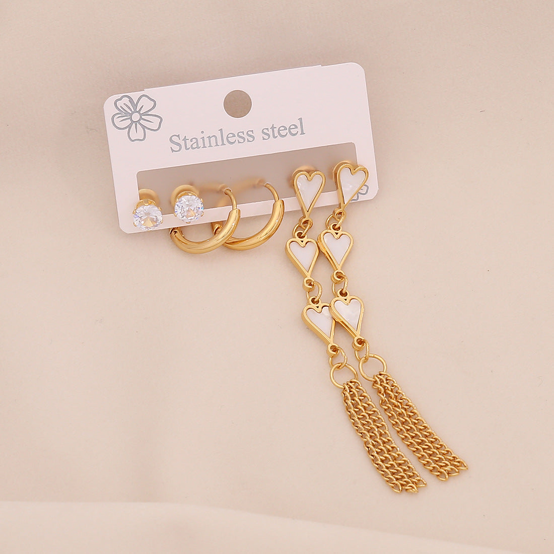 Fashionable OL Style Heart-Shaped Titanium Steel Earrings Set with Electroplated Finish and Floral Six-Petal Flower Design for Women