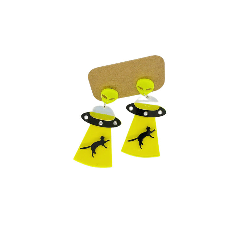 Pendientes de platillo volador alienígena OVNI con luna, estrella, vaca, gato y arco iris de acrílico extragrande para mujer con detalle cortado a láser