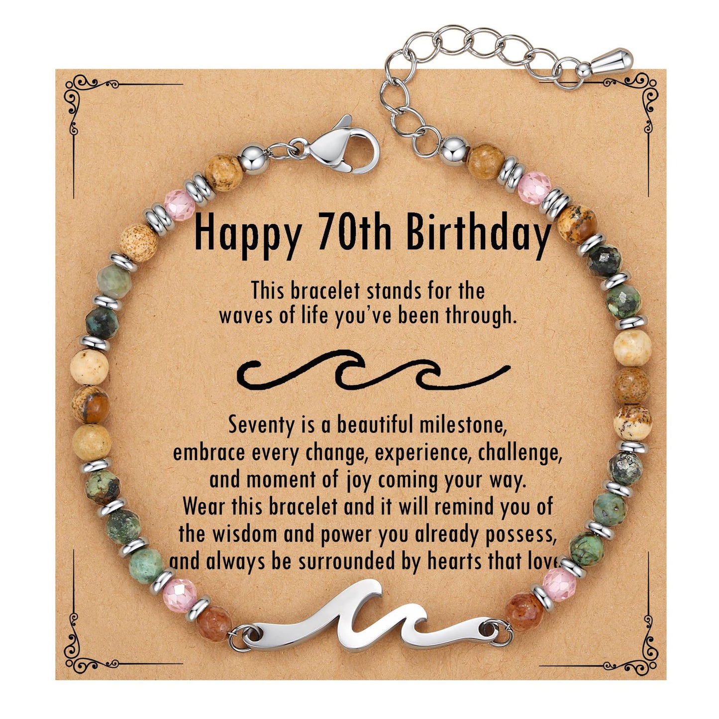 4mm Natural Stone Beaded Stainless Steel Wave Bracelet for Women