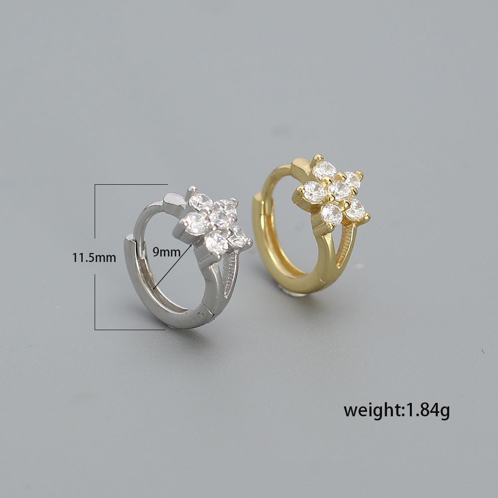 Orecchini a cerchio da donna in argento sterling S925 a forma di fiorellino con intarsio di strass