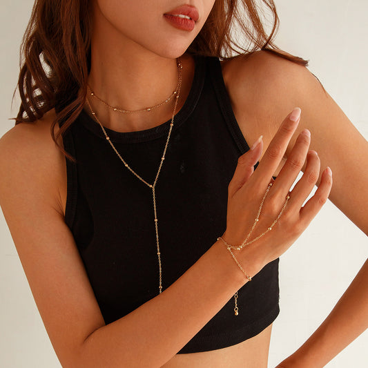 Minimalist Geometric Tassel Ball Pendant Necklace Set with Plated Copper Chain and Long Layered Bracelet