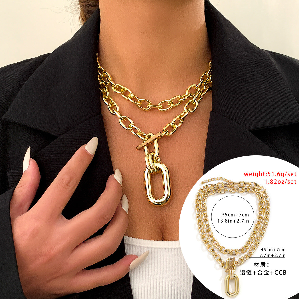 Collana pendente a croce geometrica stile punk da donna con catena multistrato in lega galvanizzata e chiusura OT