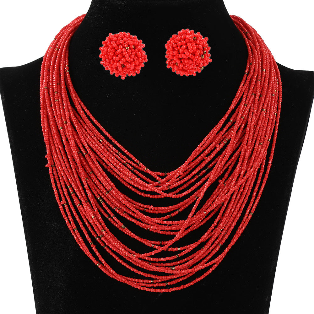 Bohemian Multi-Layer Glass Seed Bead Necklace and Earrings Set for Women with Line Pattern and Ethnic Design
