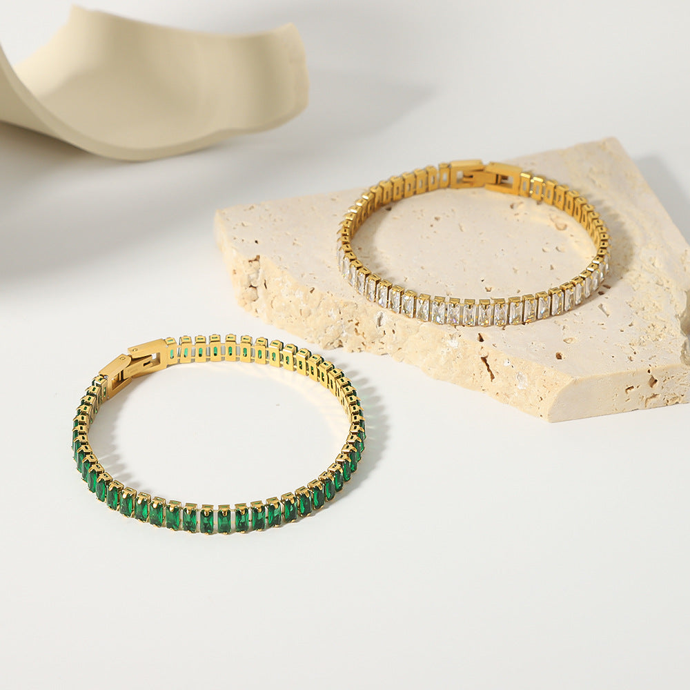 Minimalist Geometric Titanium Steel Bracelet with Full Zirconia Inlay and 18K Vacuum Gold Plating for Women
