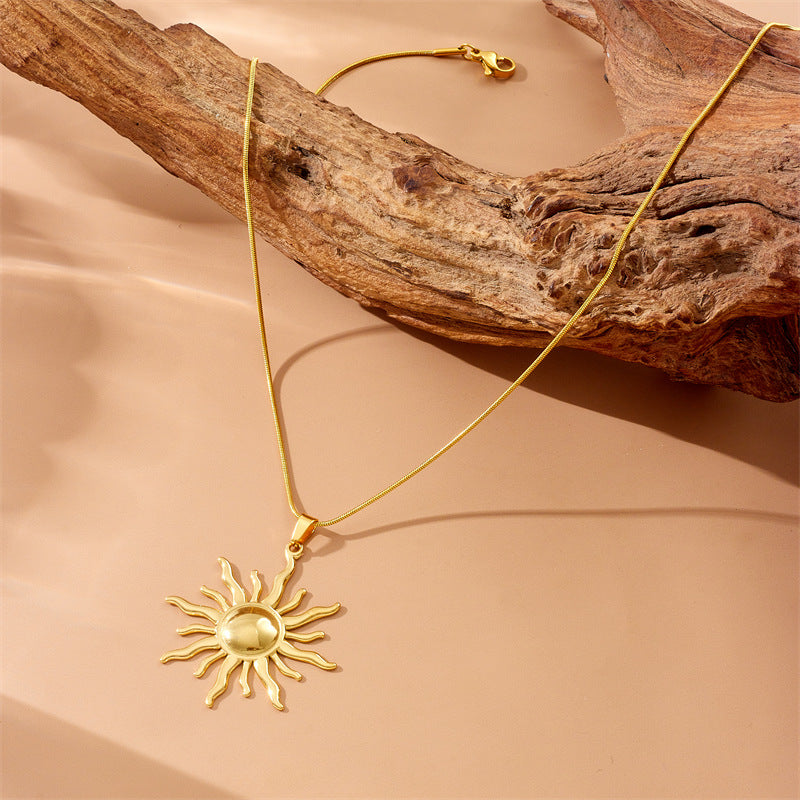 Elegant Gold Plated Stainless Steel Sun Totem Pendant Snake Chain Necklace for Women