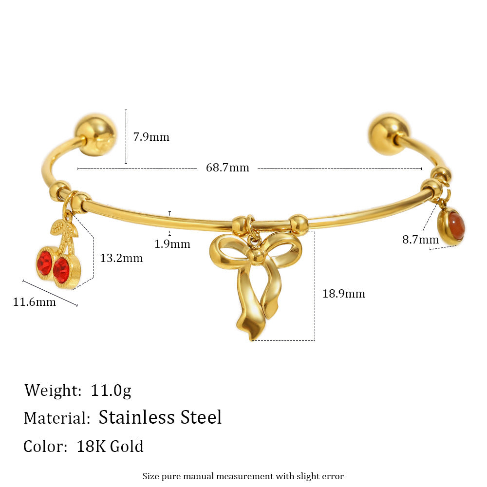 Elegant Fashionable Bowknot-Shaped Stainless Steel Plated 18K Gold C-Shaped Bracelet with Red Rhinestone Cherry Accent