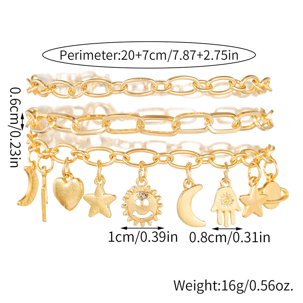 Minimalist Gold Plated Alloy Heart Star Moon Geometric Cuban Link Chain Anklet for Women
