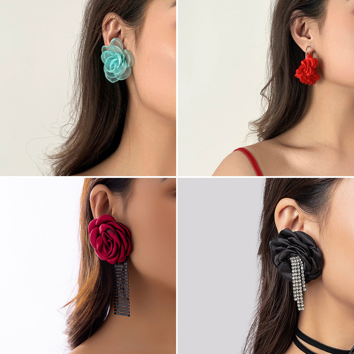 Bohemian Sweet Floral Plated Alloy Earrings with Colorful Tassel Fabric Rose Design for Women