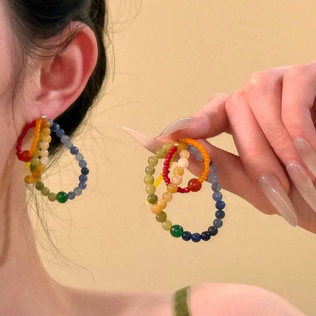 Sweet Vintage Geometric Round Natural Stone Earrings with 925 Sterling Silver Posts for Women