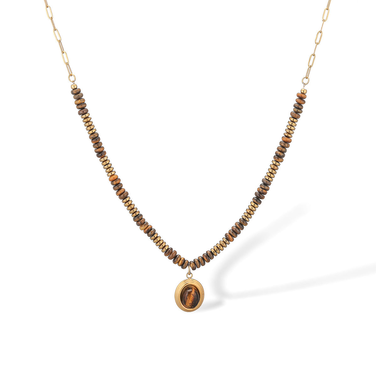 Minimalist Geometric Tiger Eye Beaded Double Layer Necklace in Stainless Steel for Women