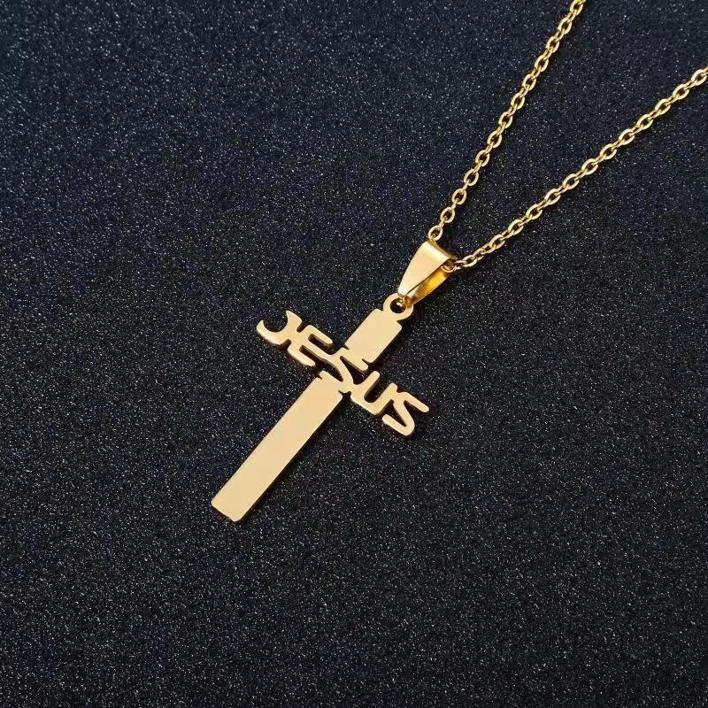 Fashion Cross Pendant Necklace in Titanium Steel with Polished Gold Plating on O-Chain for Unisex Wear