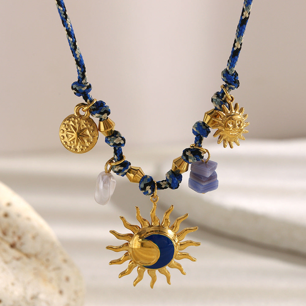 Luxury Geometric Stainless Steel Plated 18K Gold Sun Pendant Necklace with Enamel Detail for Women