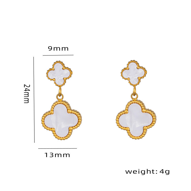 Minimalist Four-Leaf Clover Dangle Stud Earrings in Titanium Steel with Electroplated Finish for Women