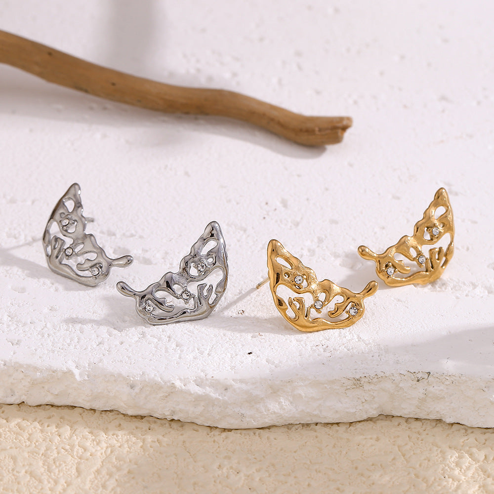 Minimalist Wing-Shaped Stainless Steel Earrings with 18K Gold Plating and Rhinestone Accents