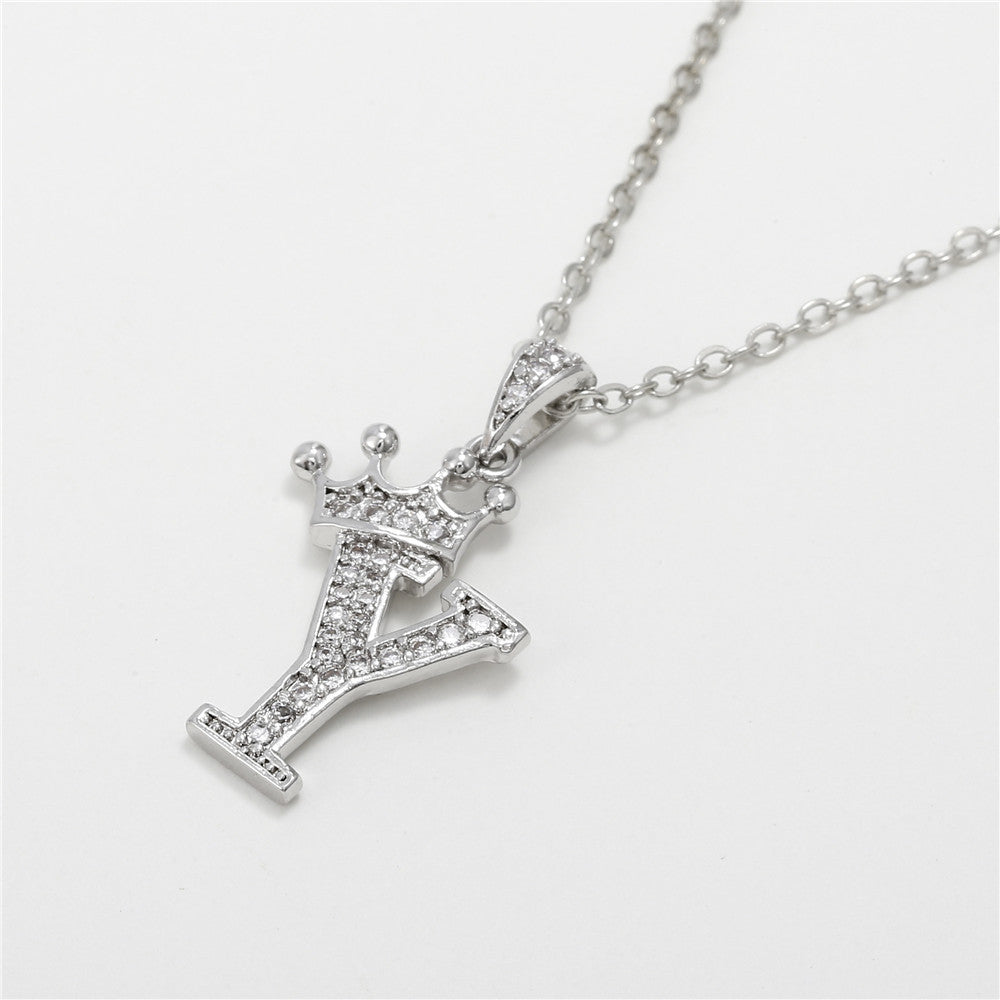 Minimalist Crown Letter Cubic Zirconia Micro-inlay Brass Necklace with Cable Chain