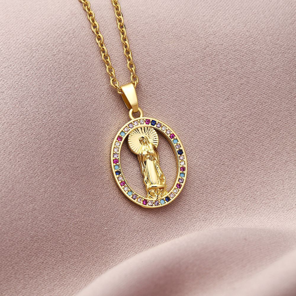 Collar con colgante de la Virgen María geométrico de moda para mujer con incrustaciones de circonita cúbica y cadena de cobre chapado en oro