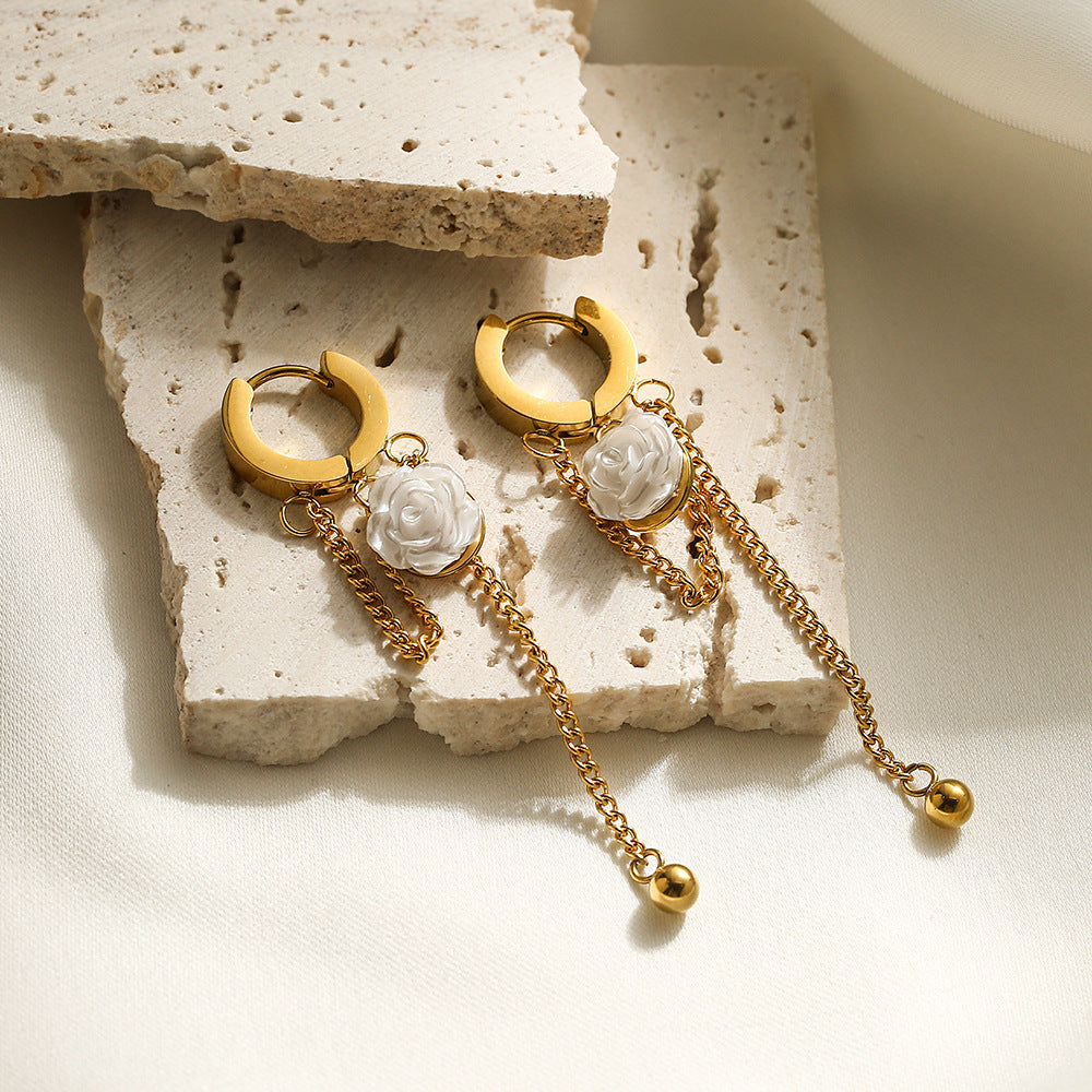 Minimalist Titanium Steel Butterfly and Floral Tassel Long Chain Earrings with Plated Finish