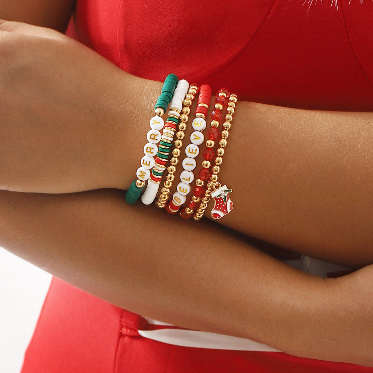 Sweet Handmade Polymer Clay Alphabet Beaded Bracelet with Alloy and Crystal Accents for Christmas Holiday Gift