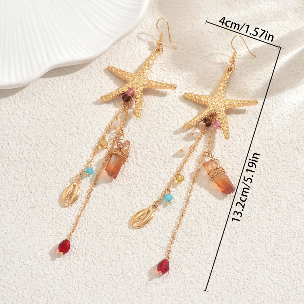 Pendientes largos de aleación de zinc con forma de estrella, elegantes, con incrustaciones de diamantes de imitación y detalles de concha para mujer