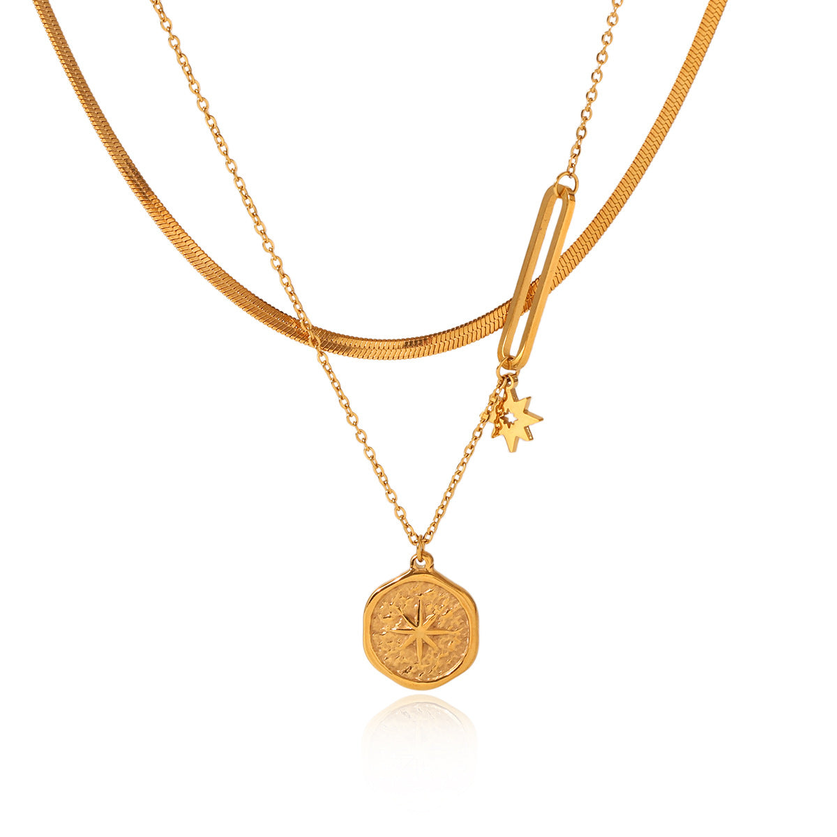 Minimalist Geometric Eight-Pointed Star Pendant Necklace in Stainless Steel with Plated Finish on Blade Chain for Women