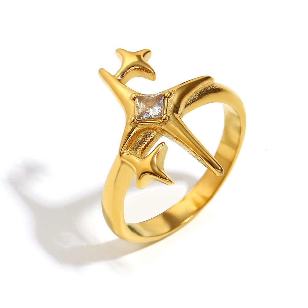 Minimalist Geometric Stainless Steel Ring with 18K Gold Plating and Star-Shaped Cubic Zirconia for Women