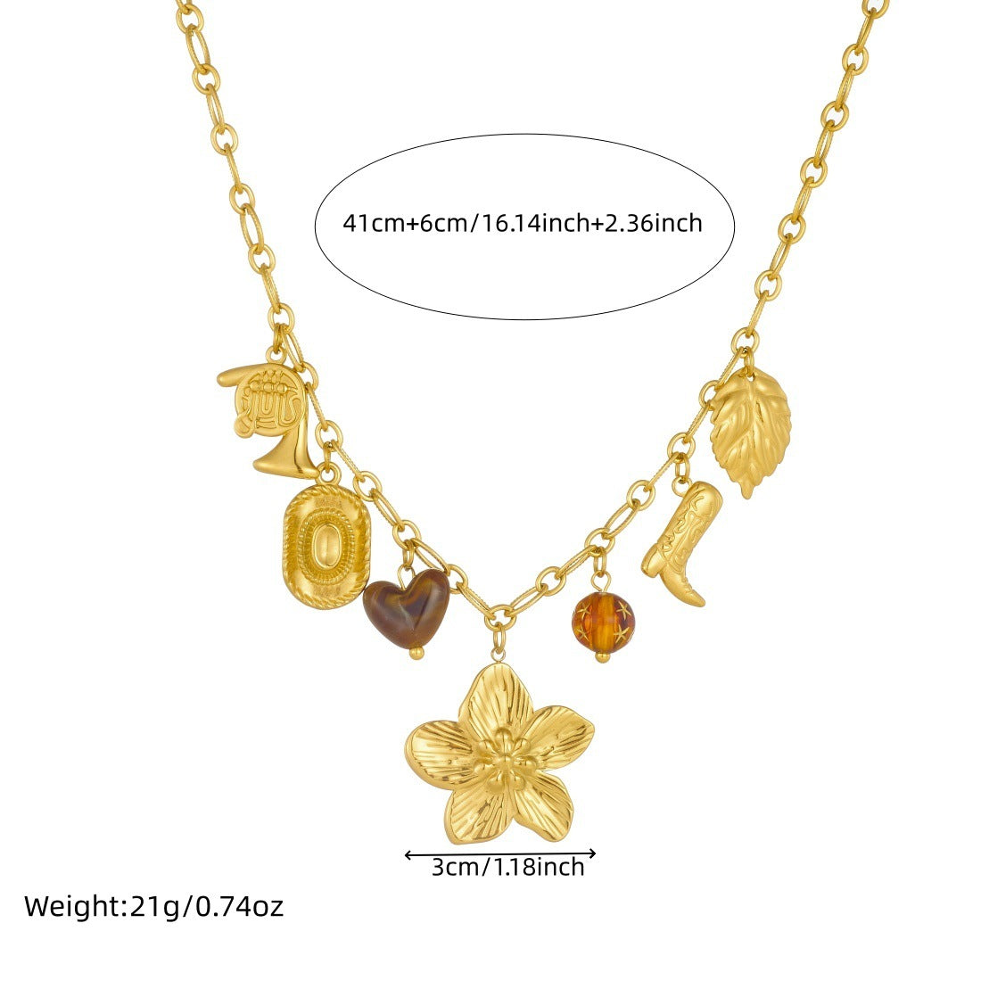 Vintage Gold Plated Stainless Steel Necklace with Acrylic Floral Heart Boot Hat and Musical Instrument Pendants Cable Chain for Women