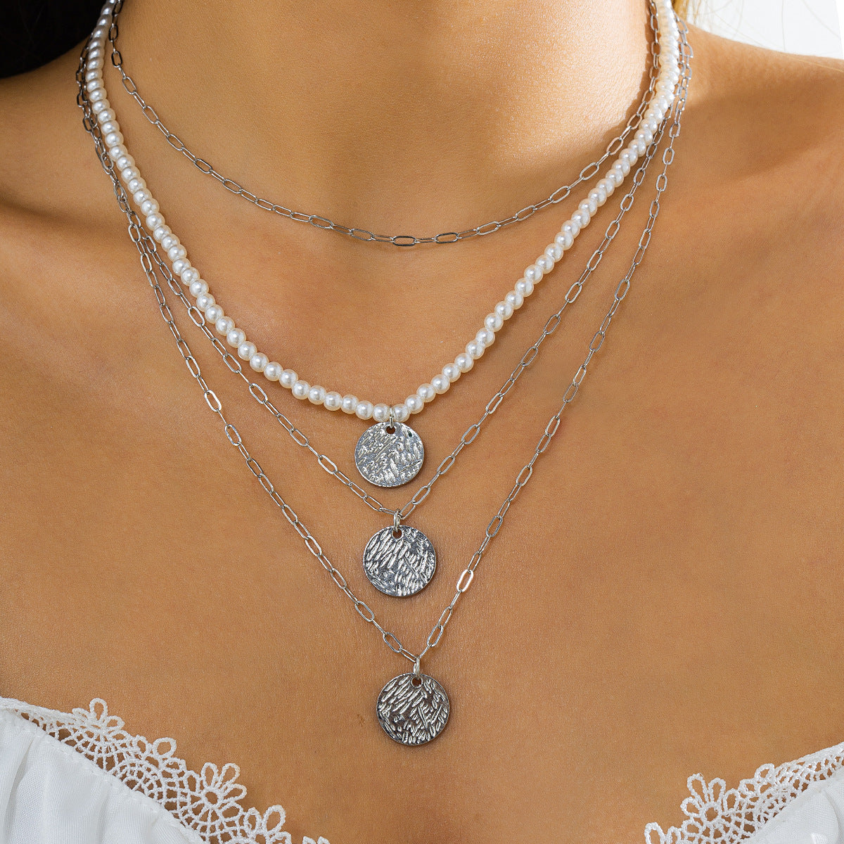 Vintage Bohemian Ethnic Round Geometric Faux Pearl Pendant Alloy Singapore Chain Layered Necklace Set