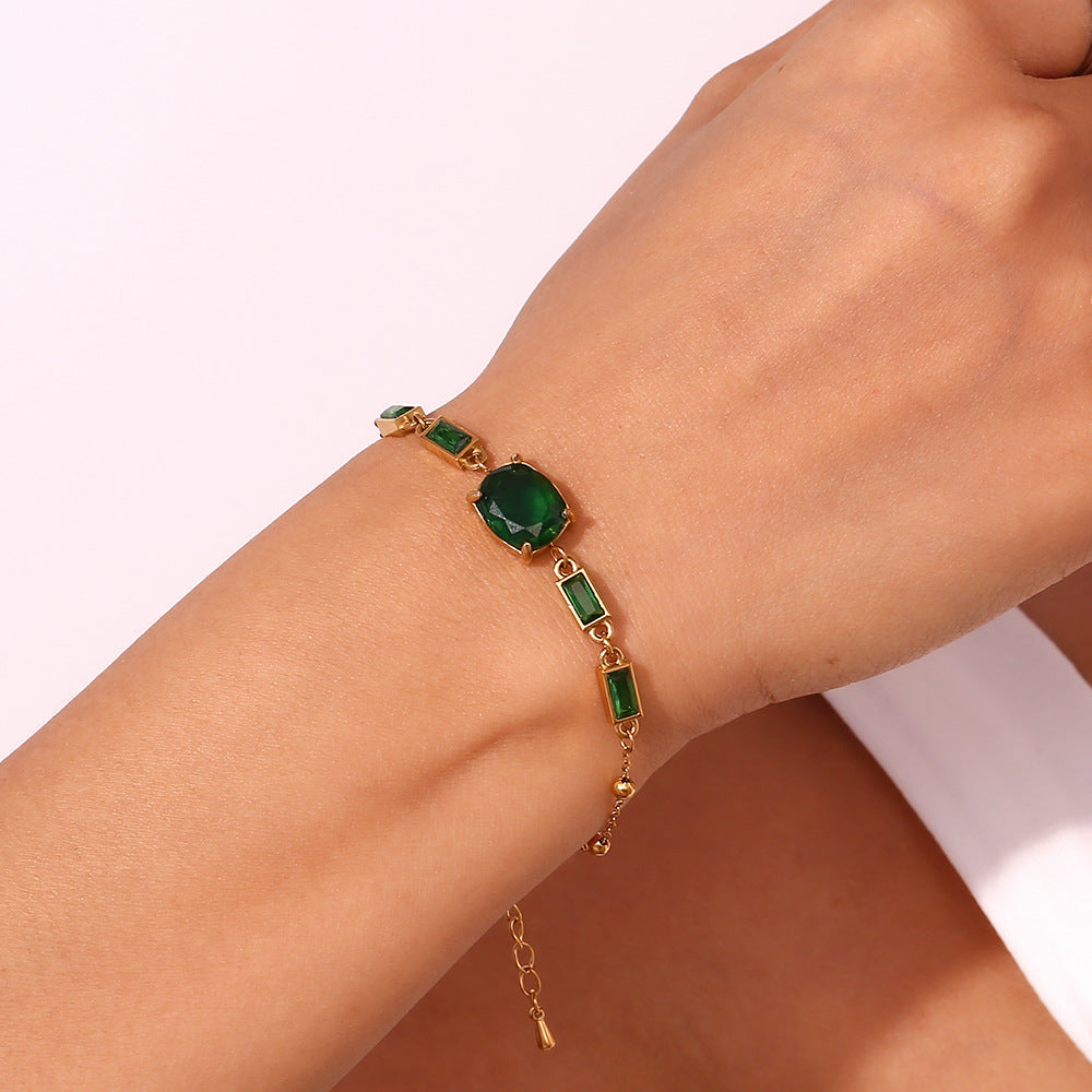 Pulsera de circonita ovalada y rectangular minimalista de moda para mujer en acero inoxidable con baño de oro de 18 quilates